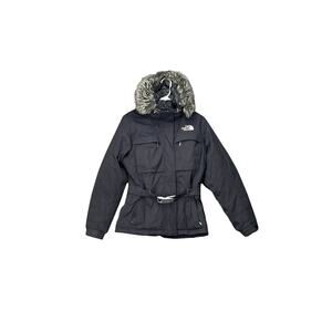 The North Face Belted Coat Goose Down Parka Jacket Women Sz S Black Hyvent